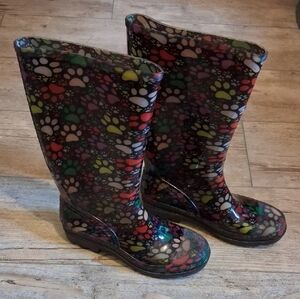 Cracker Barrel Multicolor Paw Print Women's Rain or Garden Boots SZ 7